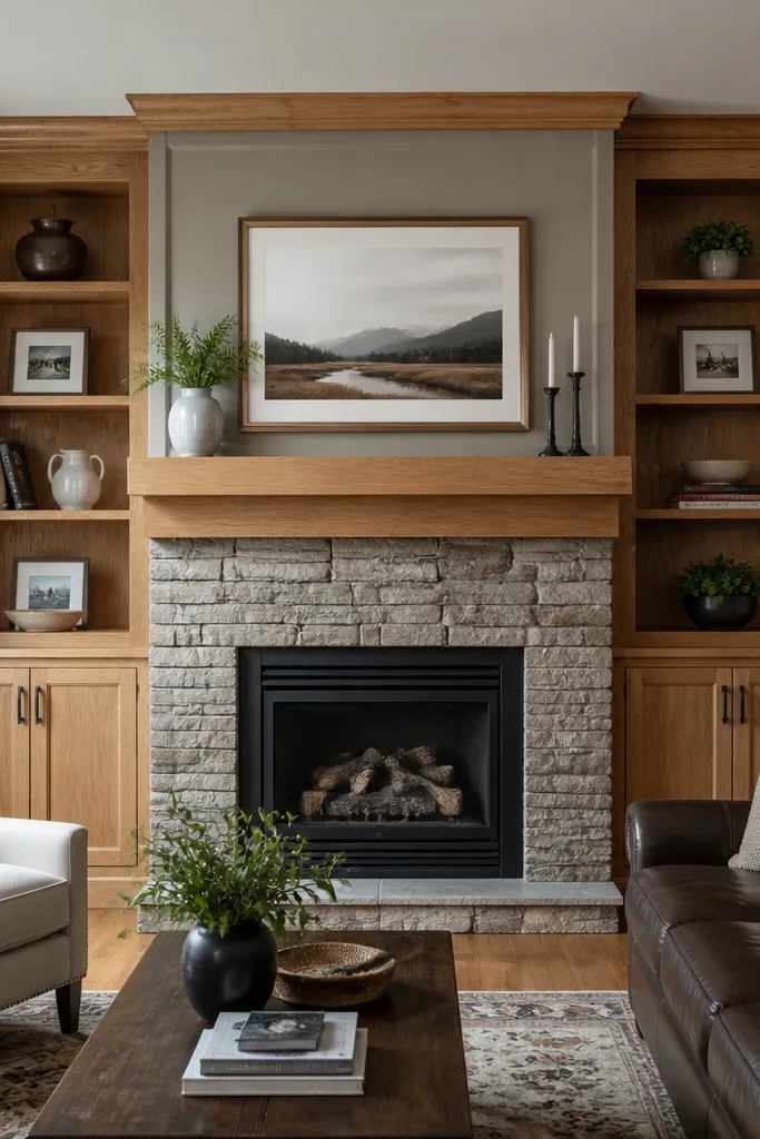 Wood mantel with two matching side shelves flanking the stone fireplace