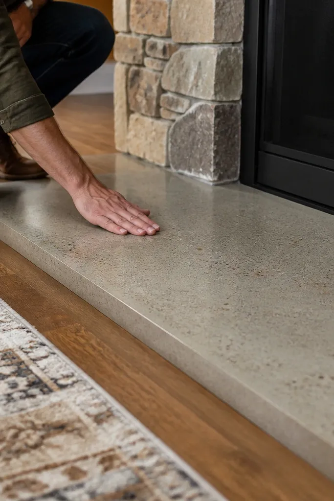 Concrete-look hearth panel with smooth, durable topcoat