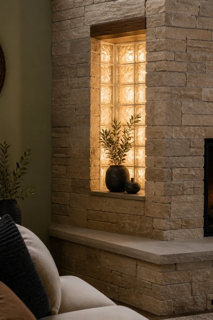 Small lit niche beside fireplace with glass block glow and clean trim