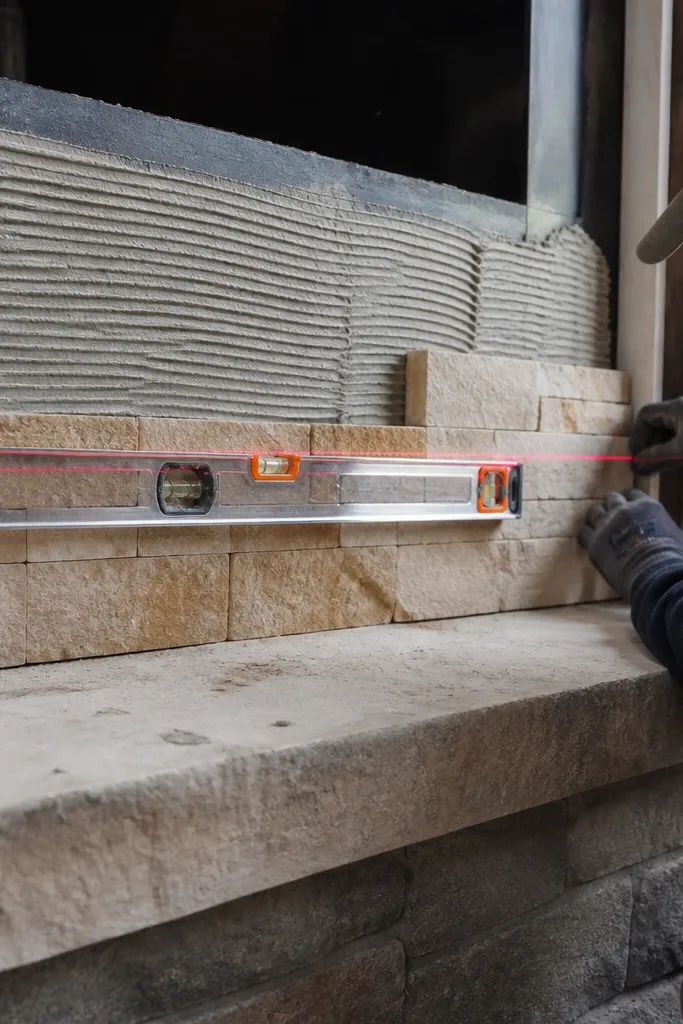 Fireplace surround with uneven stone courses and visible sliver gaps