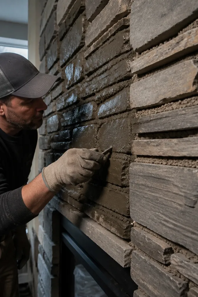 Stone joints with uneven mortar thickness and gaps behind stones