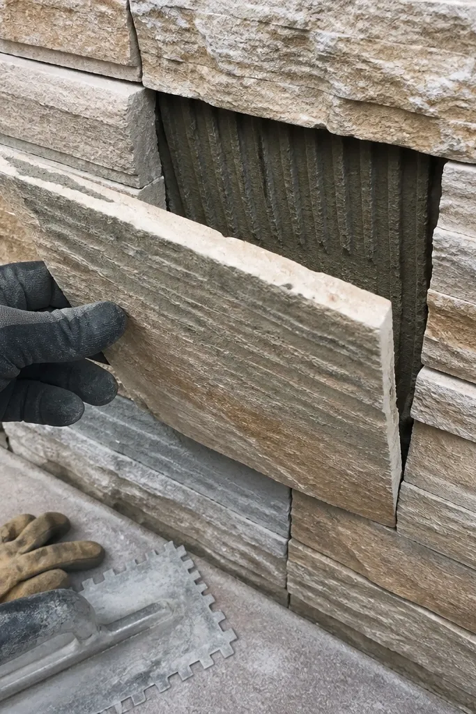 Stone veneer with mortar only on the edges and visible gaps at the back