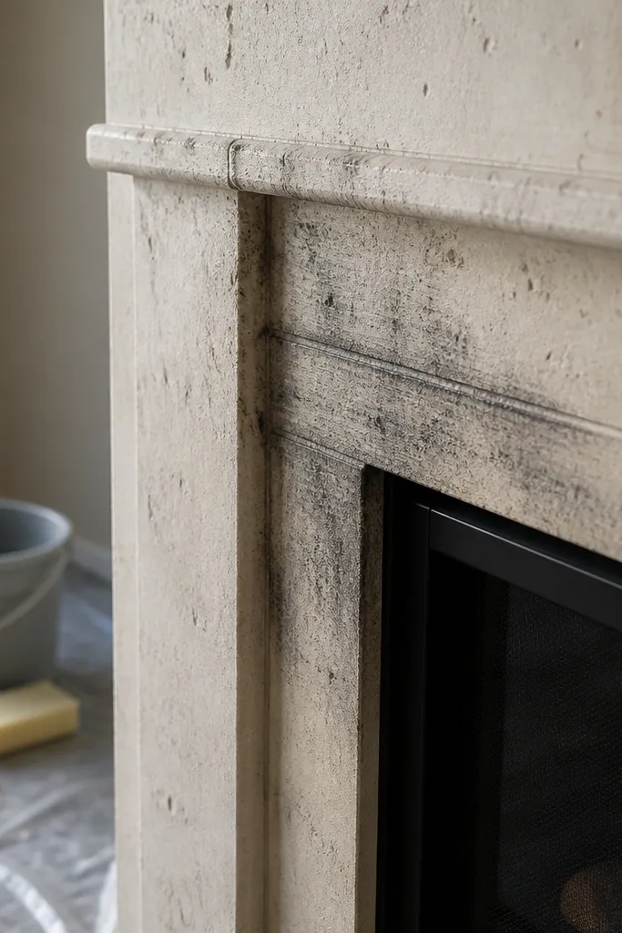 Mortar smeared across stone faces with stained patches