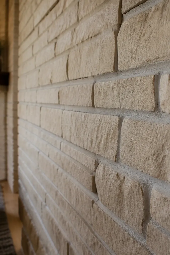 Stone fireplace joints with different shapes and rough mortar texture