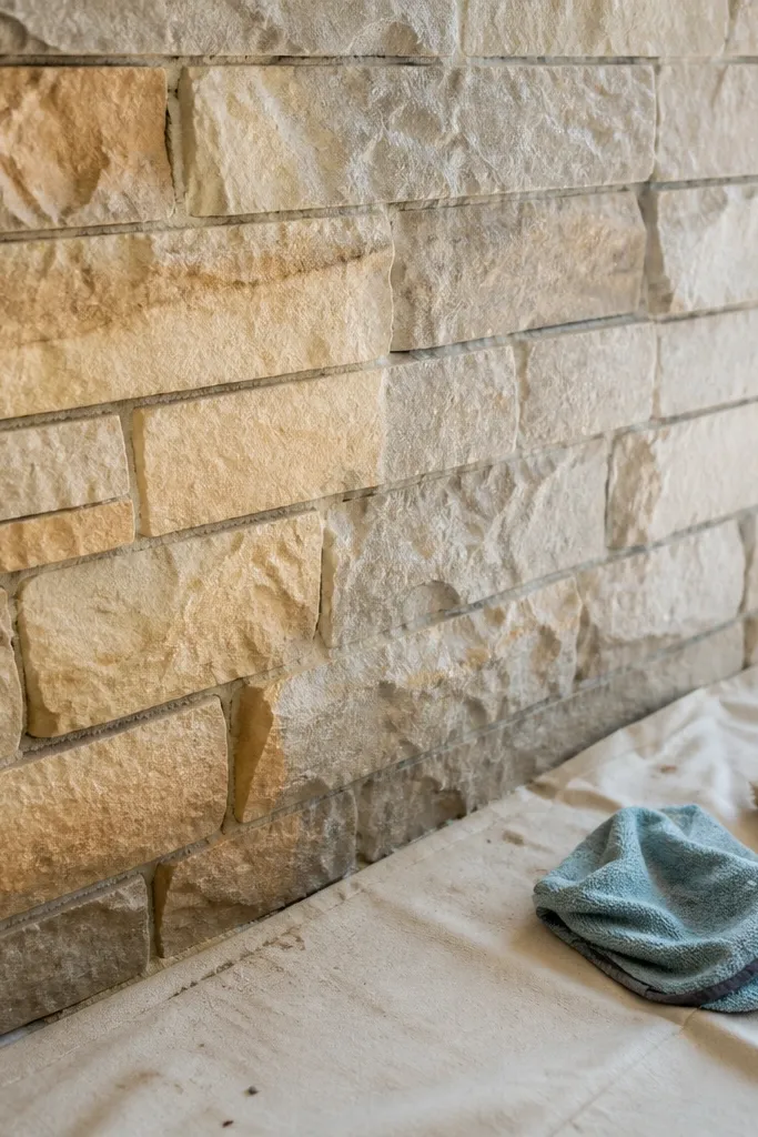 Stone fireplace with dull haze on the surface after grouting