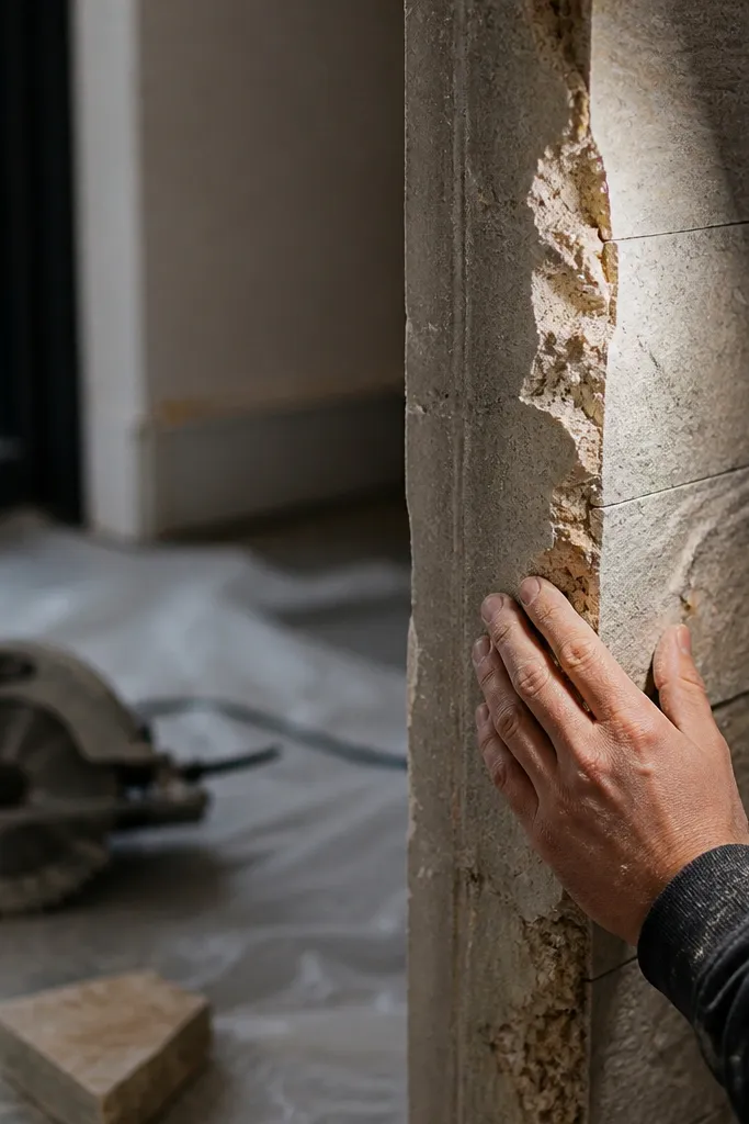 Chipped cut edges on stone fireplace surround