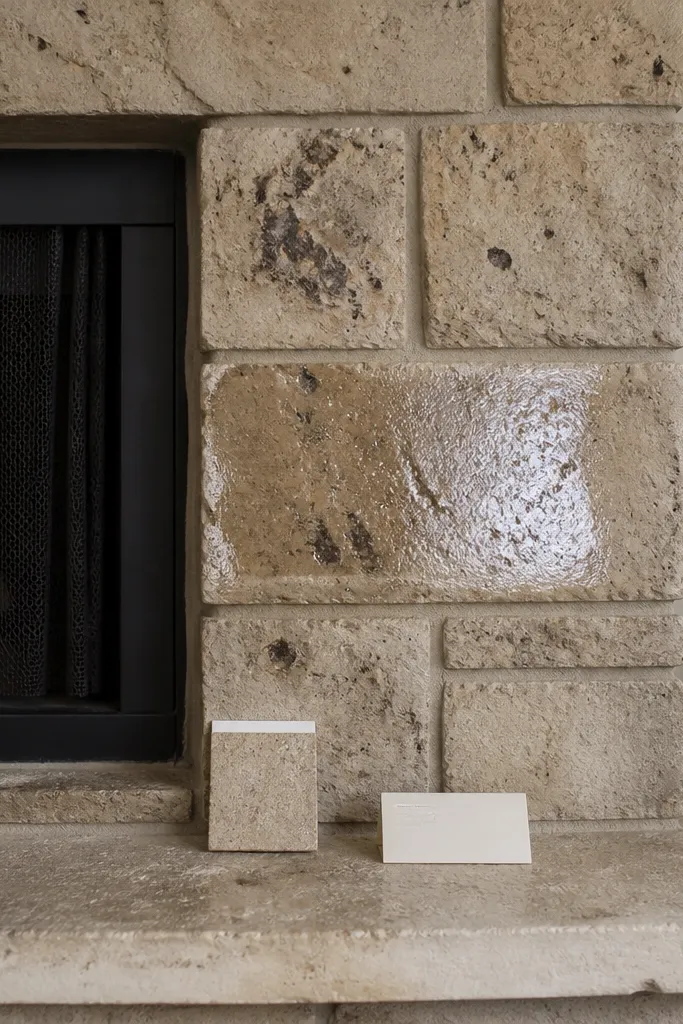 Stone fireplace with blotchy dark patches after sealing