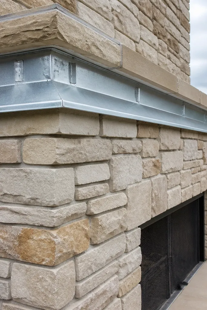 Exterior stone fireplace with dark staining and mortar discoloration