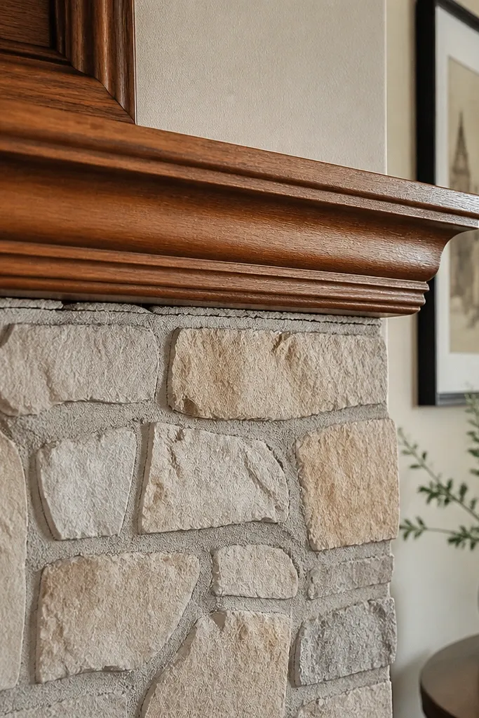 Mantel area with stone-to-framing cracks and uneven transitions