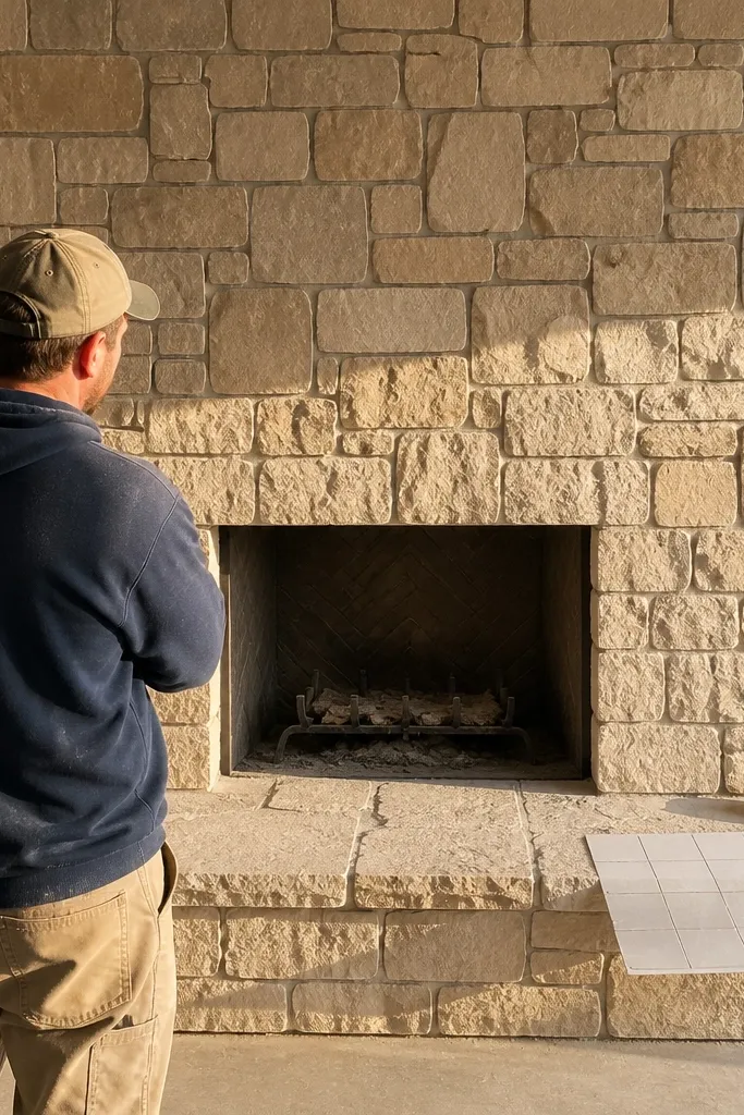 Stone fireplace with inconsistent pattern repetition and mismatched pieces