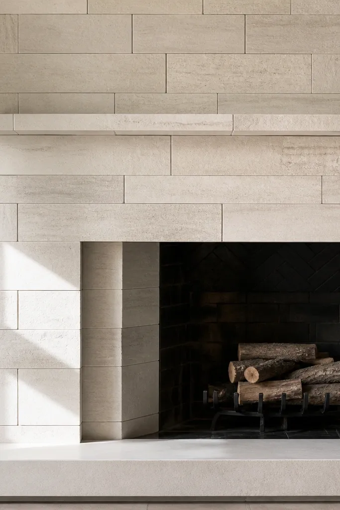 Light beige limestone tiles with thin, slightly recessed mortar lines around a fireplace opening.