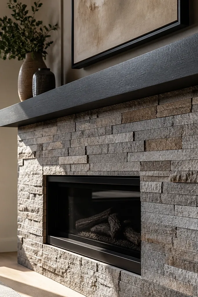 Stacked rectangular stone tiles in warm gray with a simple wood mantel above a fireplace.