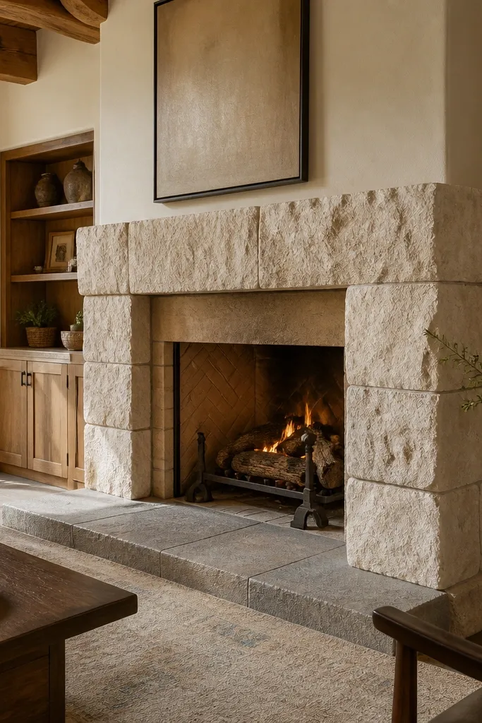 Tumbled beige limestone pieces with rounded edges and irregular shapes around a fireplace opening.