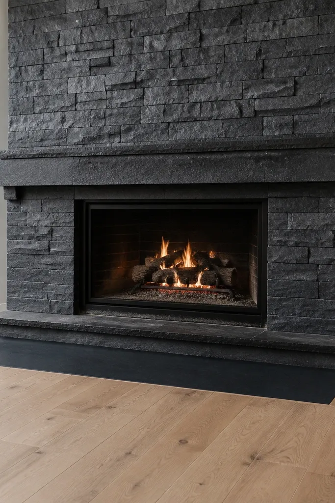 Dark gray bluish stone veneer around a fireplace with a darker hearth base.