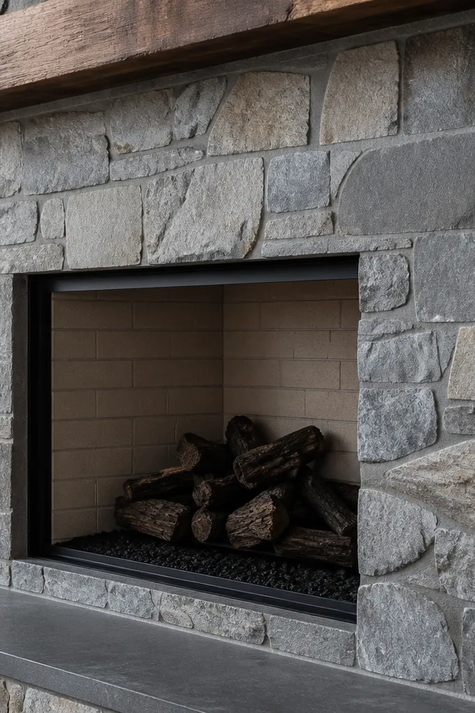 Mixed irregular stone pieces with rough faces framed by a clean edge around the fireplace opening.