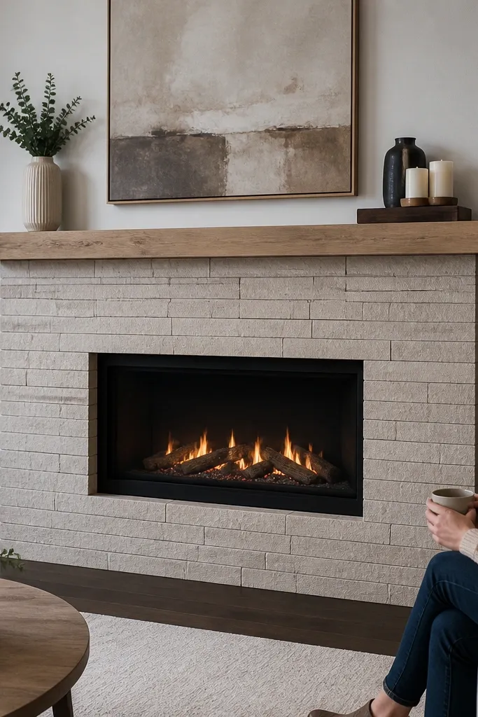 Stone veneer with stacked horizontal lines and very thin mortar gaps around a fireplace.