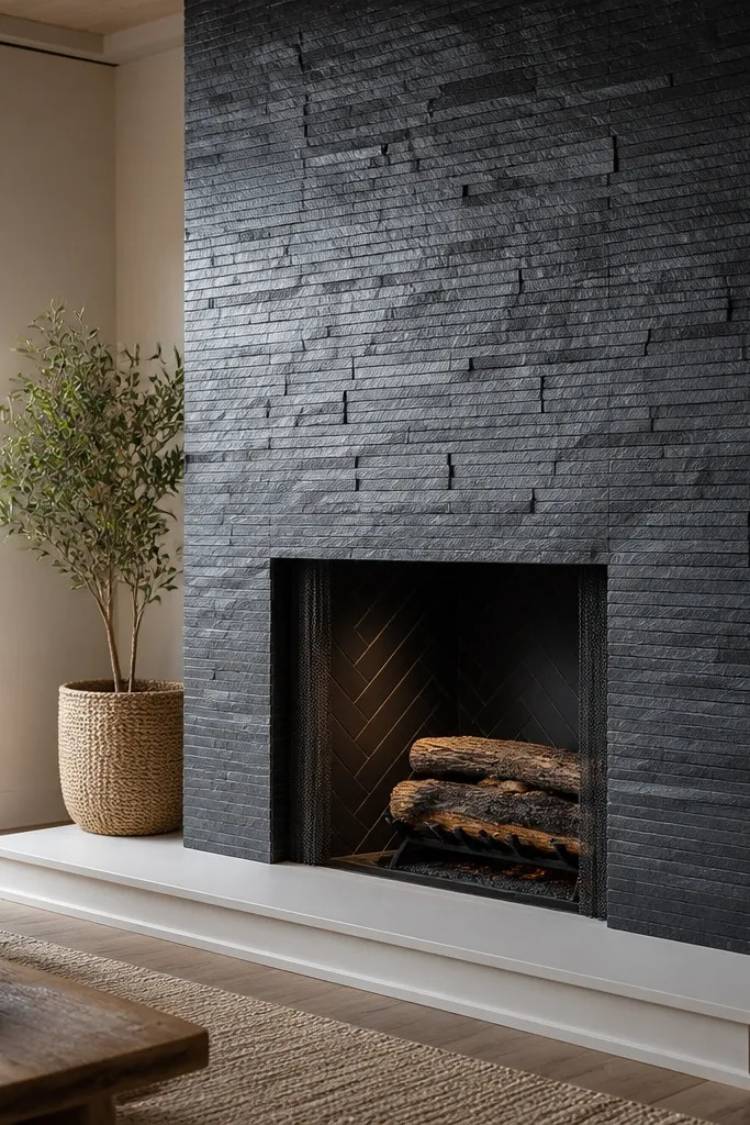 Dark slate tiles with varied grays installed in a consistent direction around a fireplace.