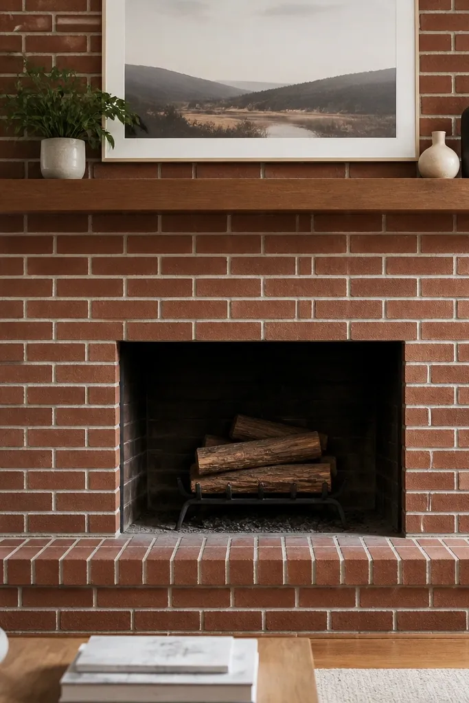 Classic red-brown brick veneer fireplace surround with staggered brick pattern and even mortar joints.