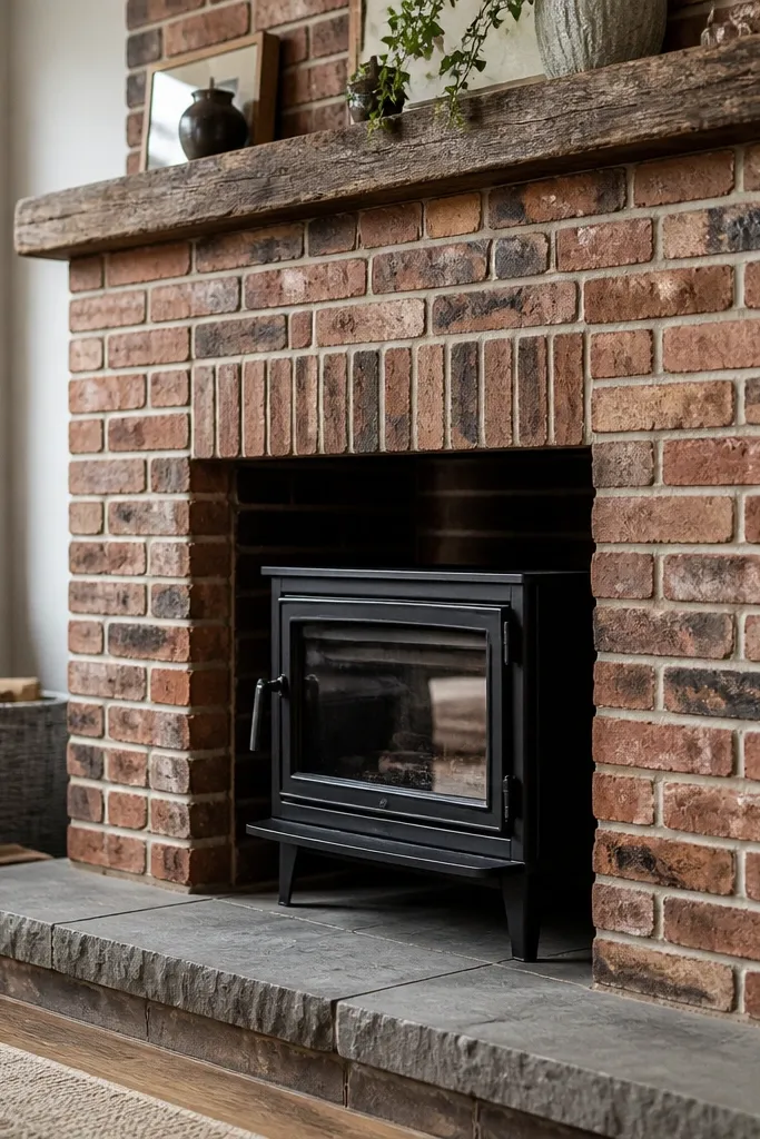 Brick veneer with subtle color streaks and uneven faces around a fireplace opening.