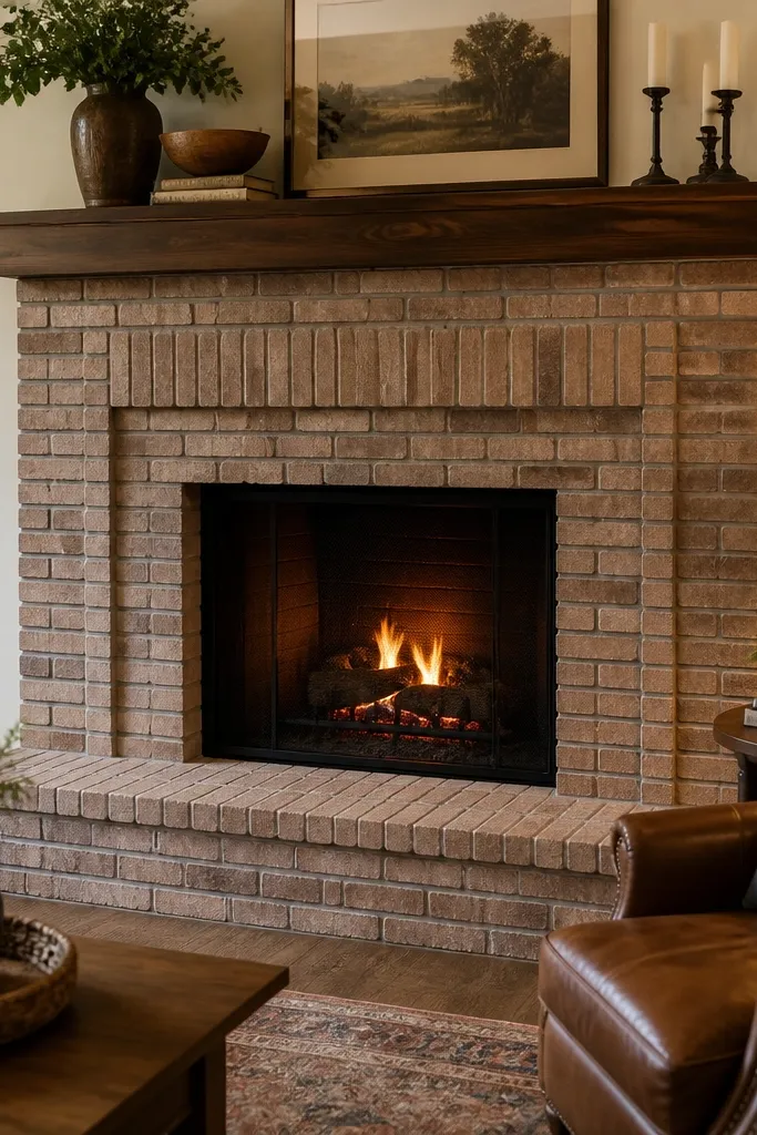 Brick veneer fireplace with a horizontal soldier course border under the mantel.