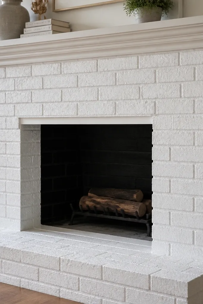 White-painted brick veneer fireplace surround with visible brick texture and uniform coverage.