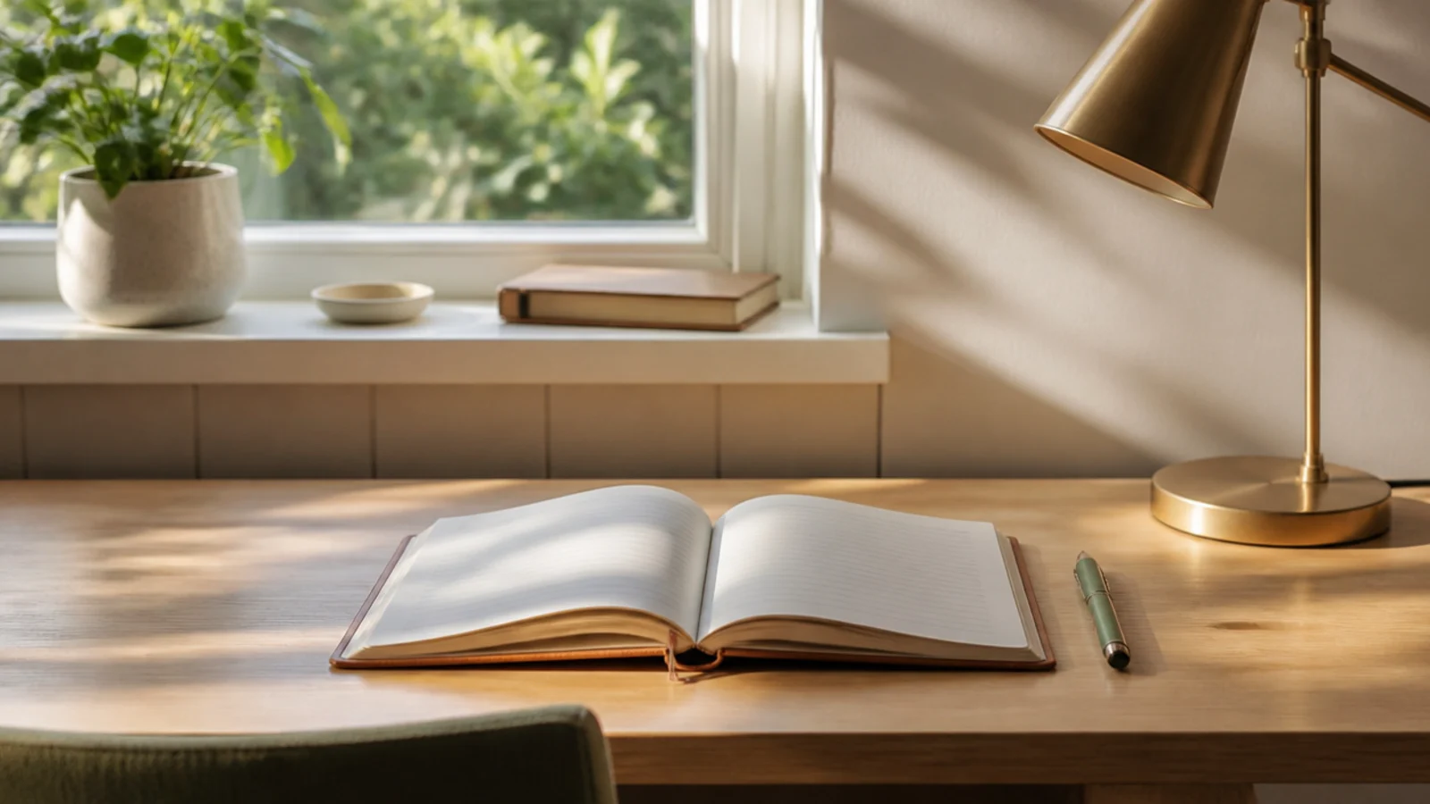 A clear study desk holding only an open notebook, one pen, and a lamp, with the phone nowhere in sight.
