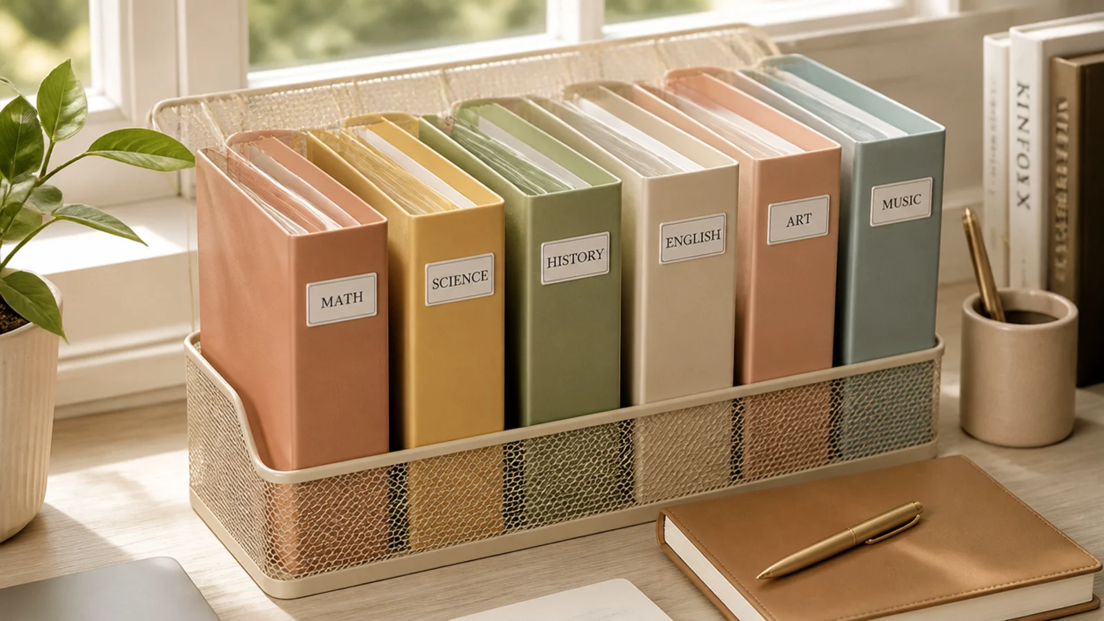 A row of folders in different colors standing in a sorter, each labeled for a different school subject.