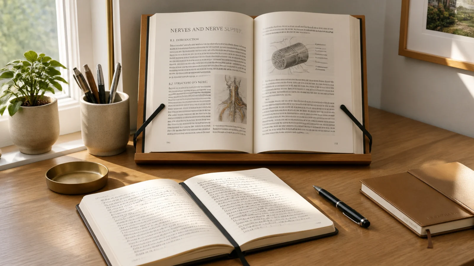 A textbook propped open at a comfortable angle on a wooden book stand beside a notebook on a study desk.