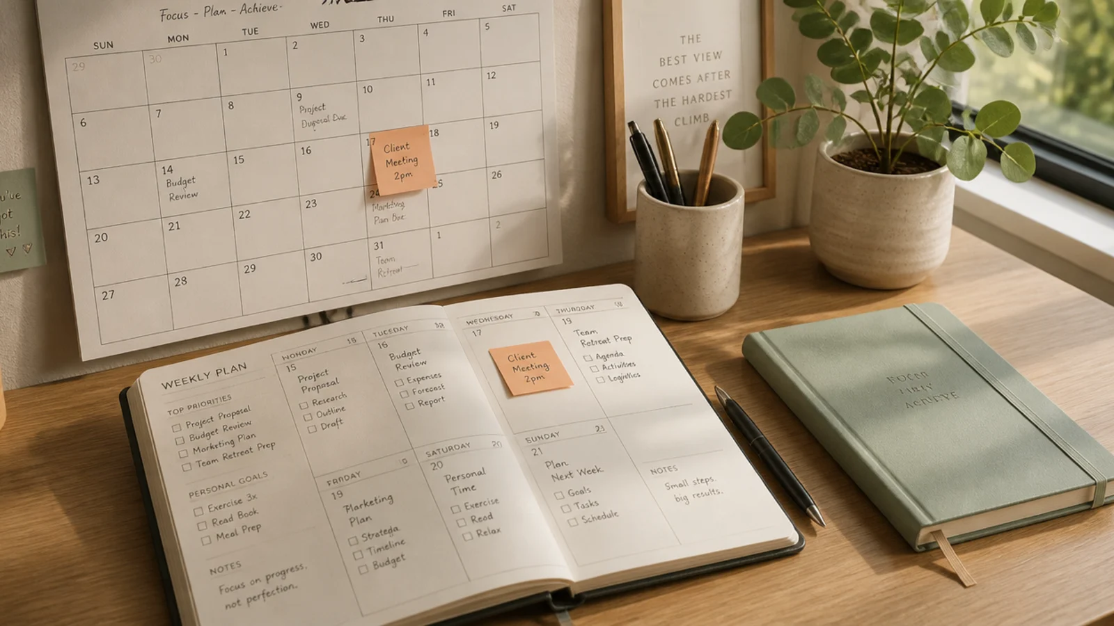 An open weekly planner and a wall calendar beside a study desk, deadlines and tasks visible at a glance.
