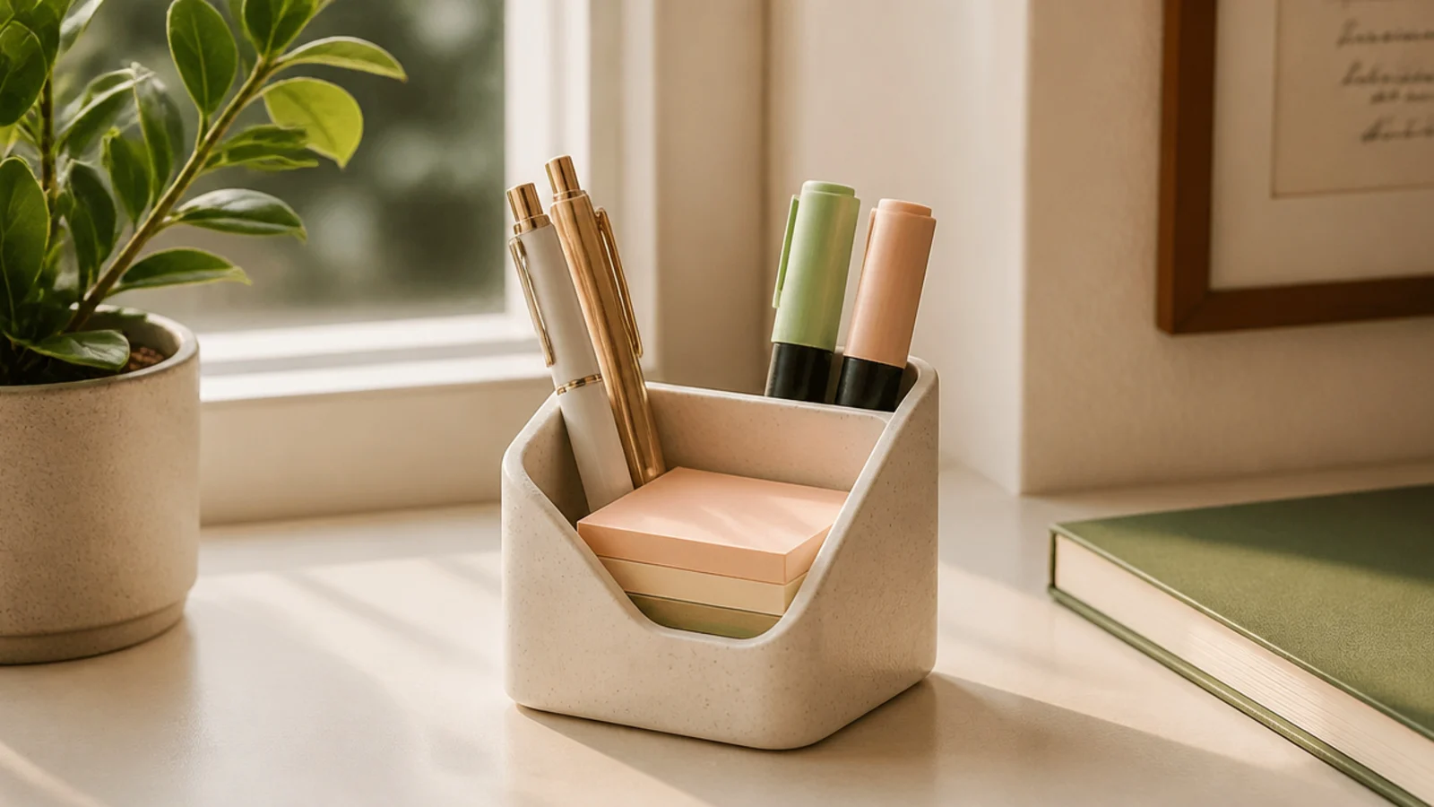 A small holder on a study desk with just a few pens, two highlighters, and a stack of sticky notes.