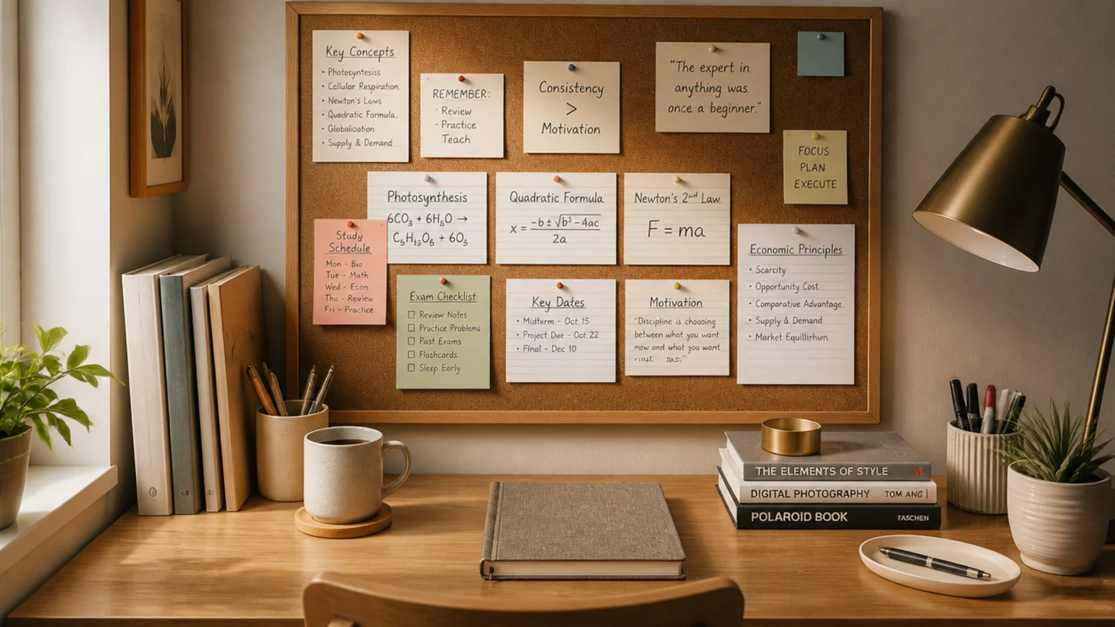 A corkboard above a study desk pinned with flashcards, formulas, and key notes for quick review.