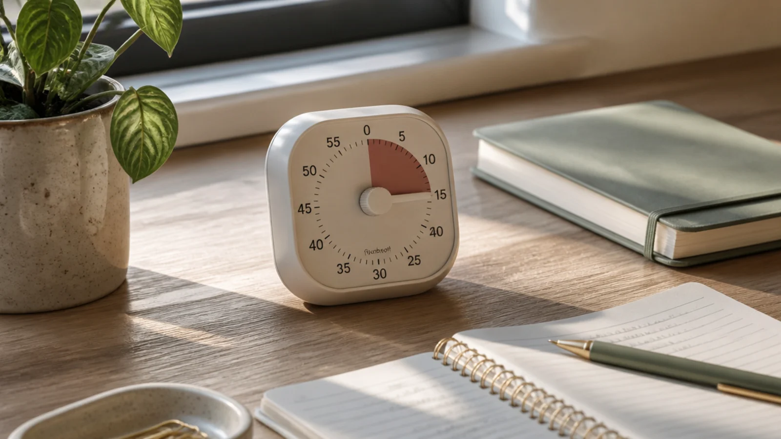 A simple physical timer on a study desk set for a focused work block, next to an open notebook.