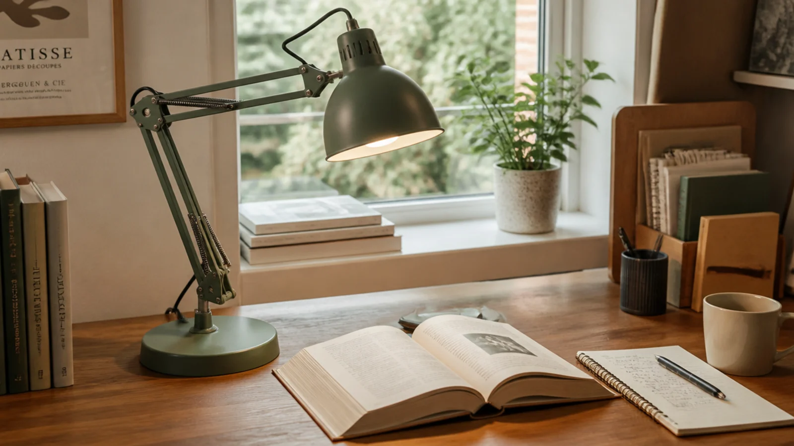 An adjustable task lamp on a study desk casting bright, even light over an open book and notes.