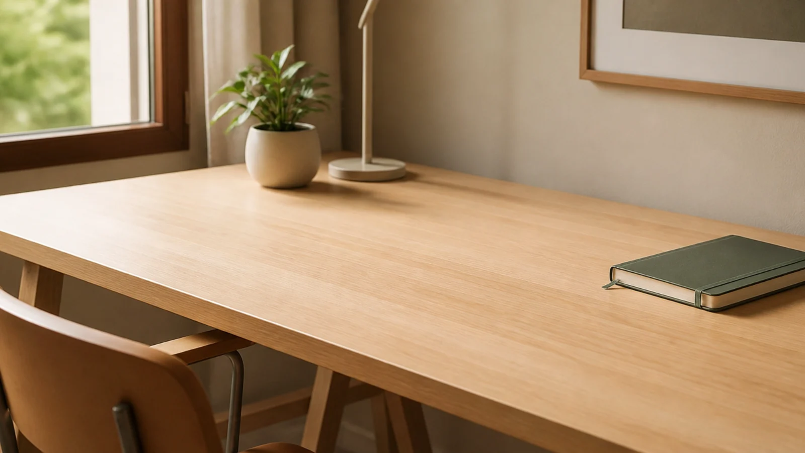 A tidy study desk with laptop and lamp cables routed away under the desk, the surface completely clear.