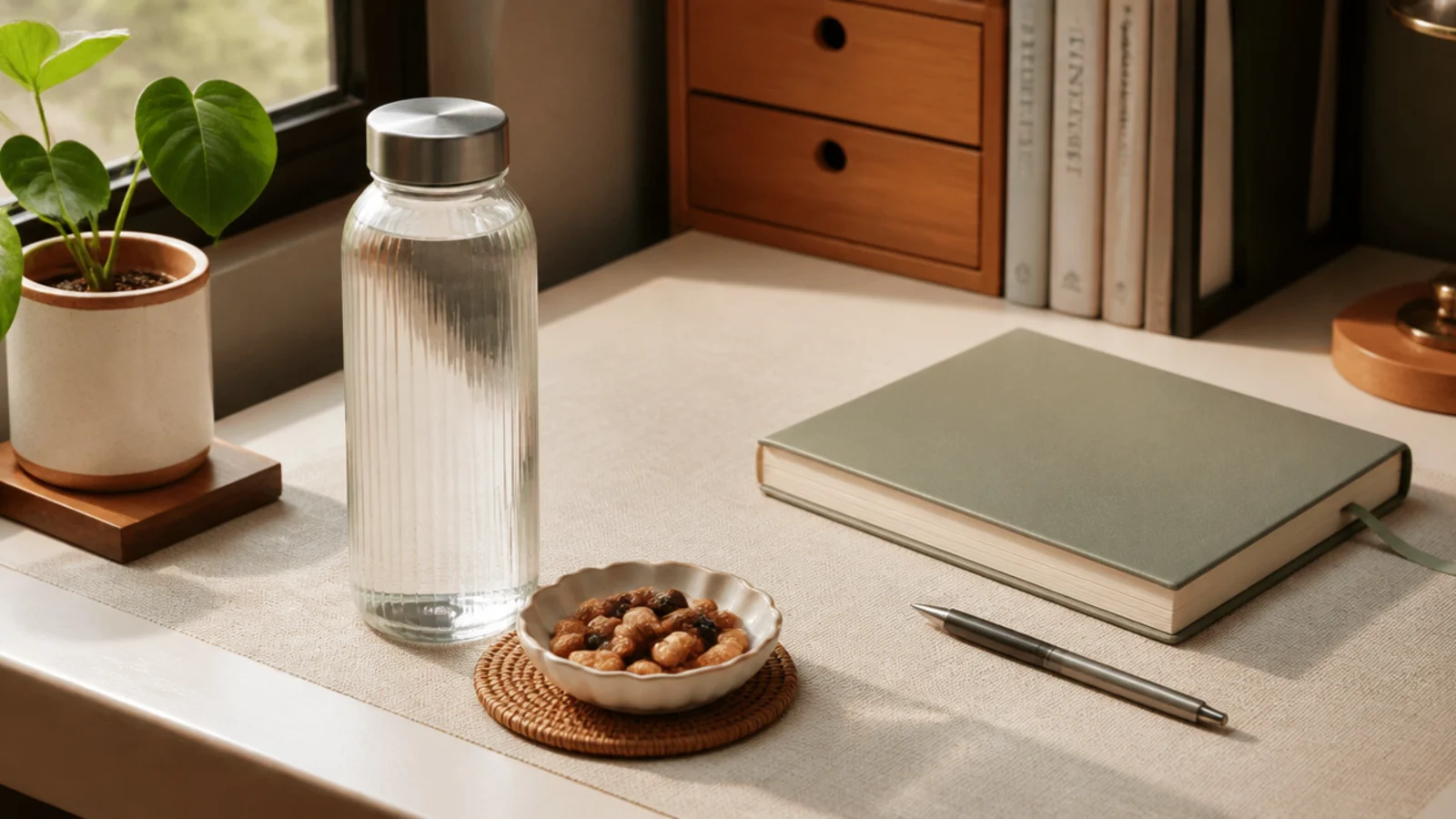 A water bottle and a small dish of snacks on a coaster at the corner of a study desk, kept away from books.