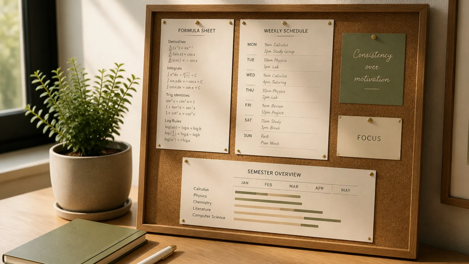 A small board beside a study desk holding a formula sheet, a schedule, and a semester overview.