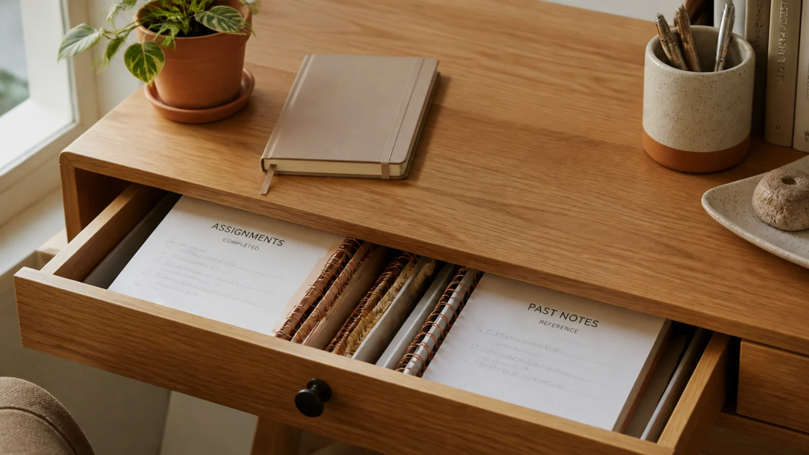 An open drawer holding completed assignments and past notes filed neatly, keeping the desk clear of finished pages.