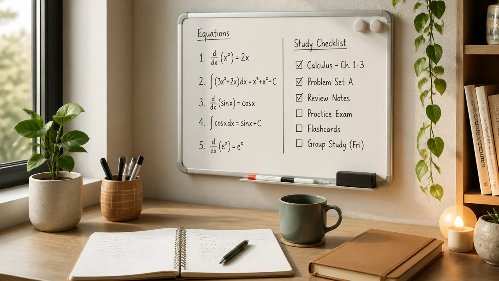 A small whiteboard on the wall beside a study desk with worked equations and a study checklist.
