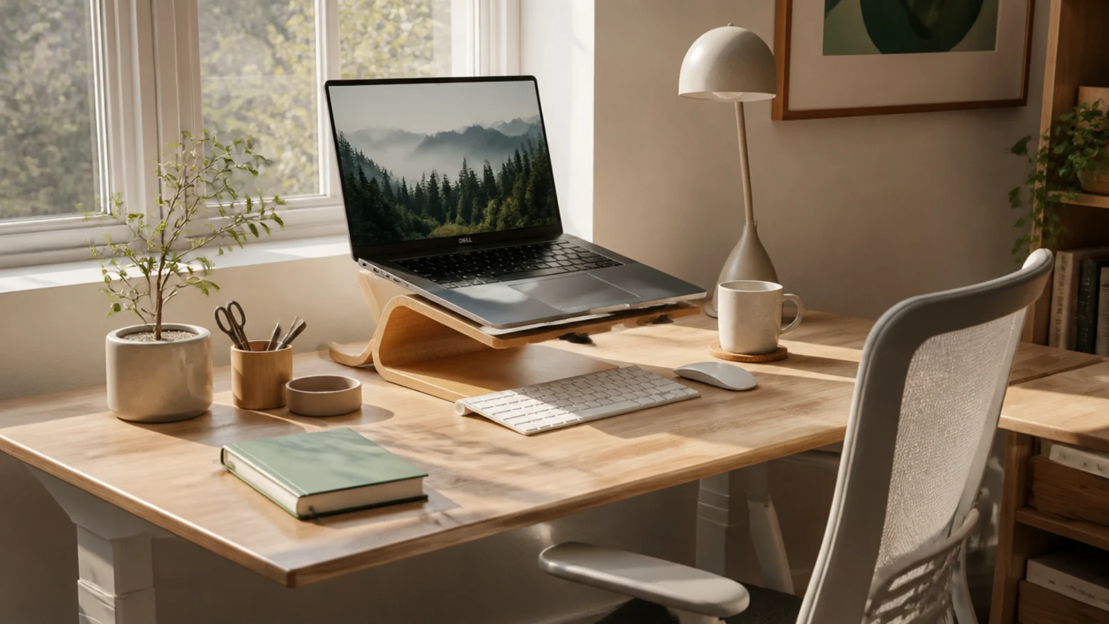 A study desk with the screen raised to eye level, a supportive chair, and feet flat, set up for comfort.