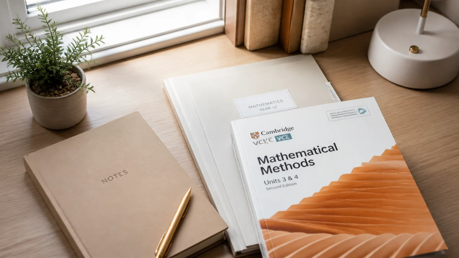 A study desk reset to a clean state with the next day's book and folder set out ready to begin.