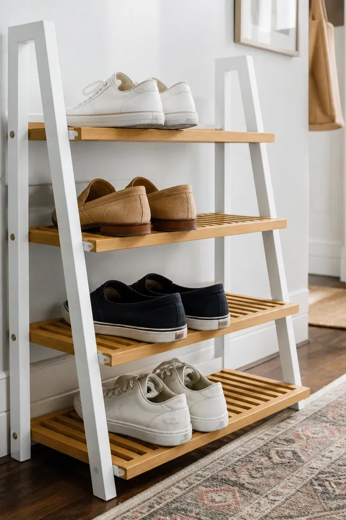 White and natural wood shoe rack with slanted open slots and two vertical side frames.