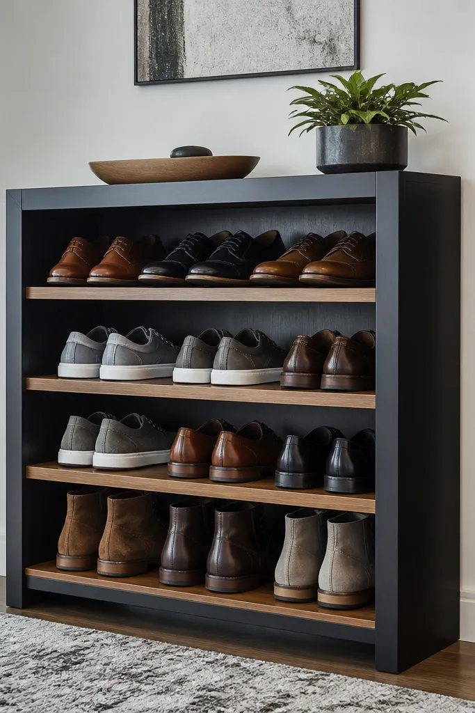 Black frame shoe rack with thick wood shelves and evenly spaced rows.