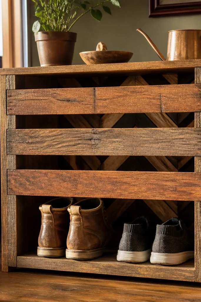 Warm reclaimed wood shoe rack with slatted shelves and a small herringbone back support.