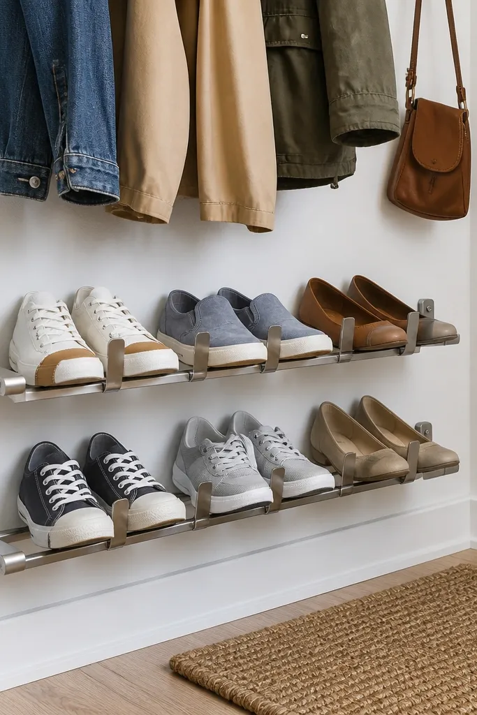 Wall-mounted shoe rack with wooden rails and small hinged stops to hold shoes in place.