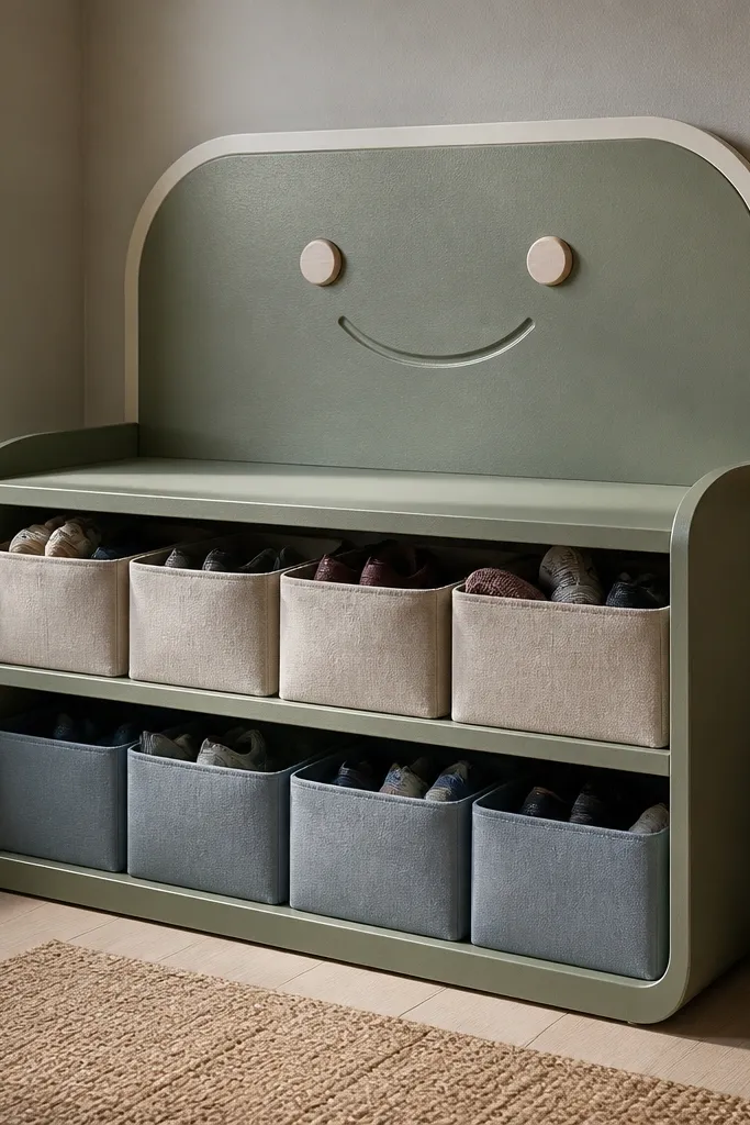 Light wood shoe rack with rounded edges and fabric bins for each row.