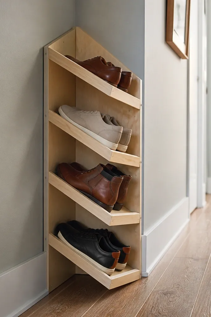 Slim corner shoe rack with angled back panels and tight shelf spacing.