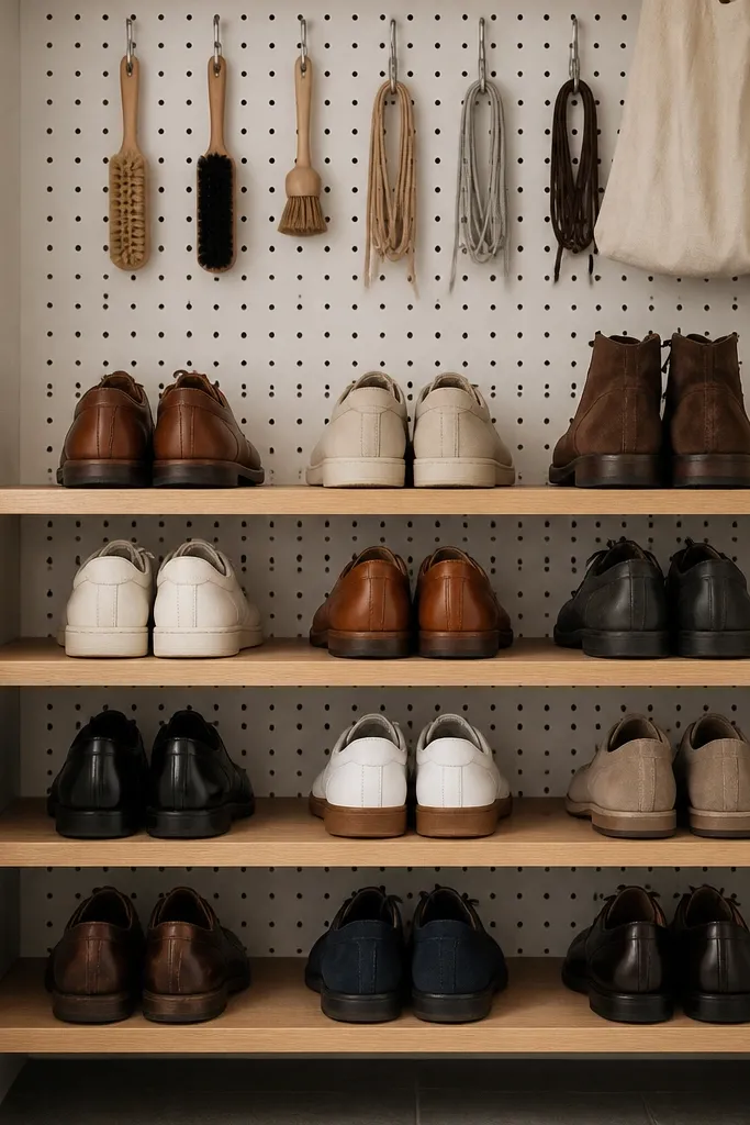 Shoe rack with pegboard back and matching wood shelves in a clean grid.