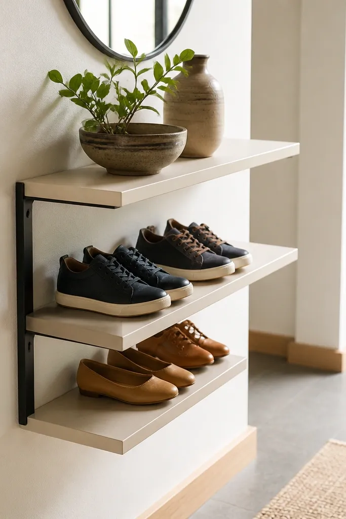 Wall-aligned shoe rack with shelves that look like they float, supported by hidden brackets.