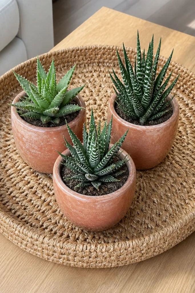 Jute tray with three small succulents in terracotta pots and a white stone bowl
