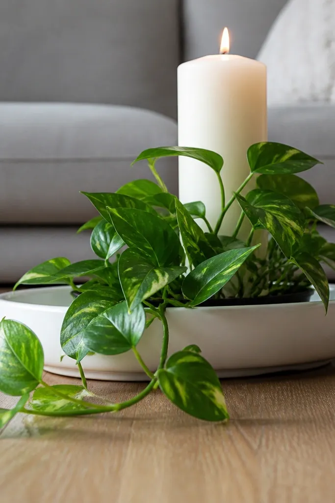 White ceramic tray with a tall candle and trailing pothos in a round pot